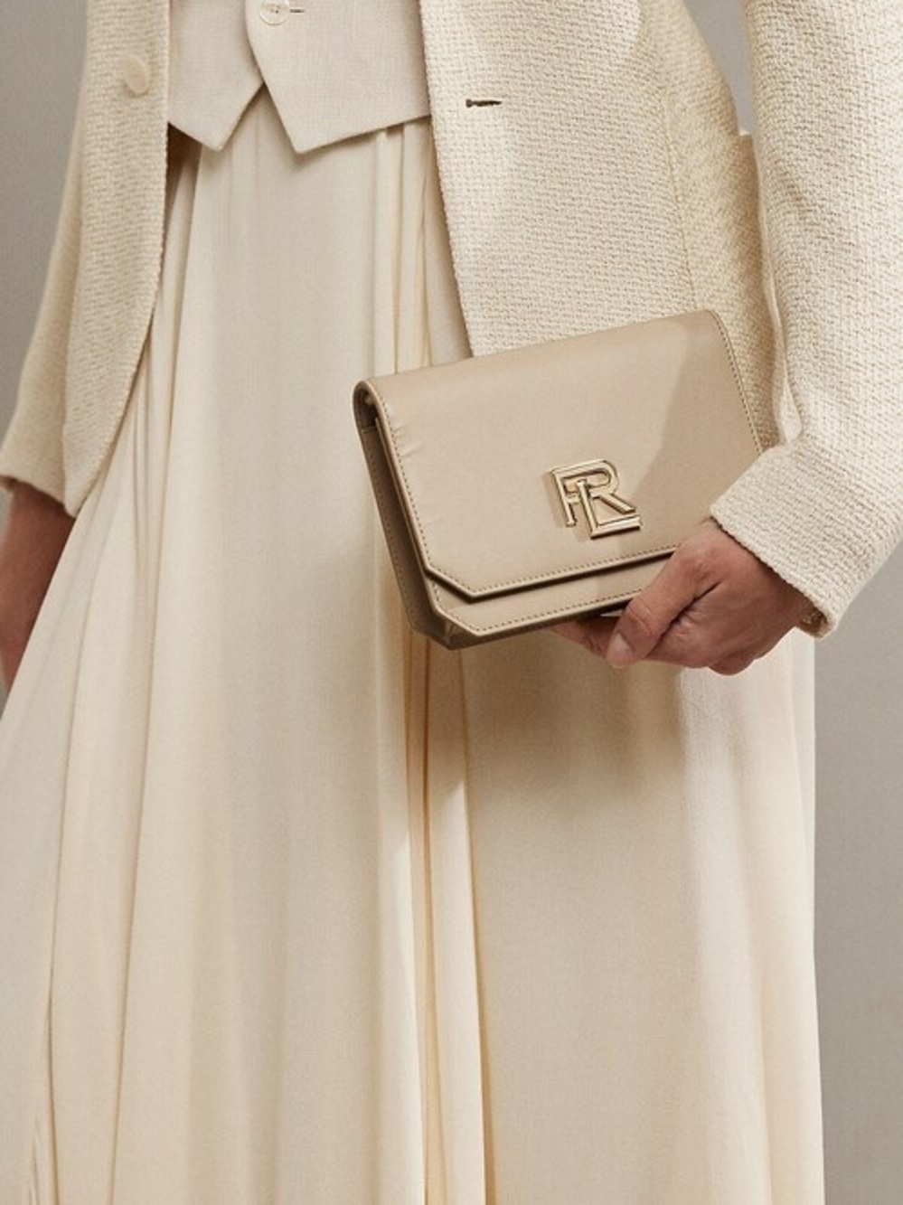 Ralph Lauren Double RL Beige Leather Wristlet Clutch with Gold RL Logo